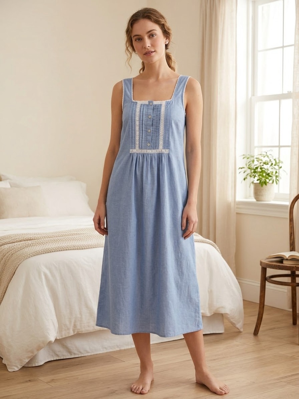 Cabernet Light Blue Cotton Sleepwear Gown with White Lace Trim, Size Medium